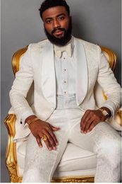 Custom Made Men Suits Ivory Pattern Groom Tuxedos Shawl Satin Lapel Groomsmen Wedding Best Man 3 Pieces ( Jacket+Pants+Tie ) L449