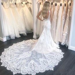 Sexy Gorgeous Newest Mermaid Wedding Dresses Lace Appliqued Straps V Neck Backless Bridal Gowns Chapel Plus Size Vestidos De Nnovia estidos