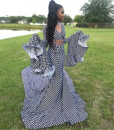 Sexy Plus Size African Fabric Black Girl Two Piece Prom Dresses Foral Long Sleeve Evening Gowns