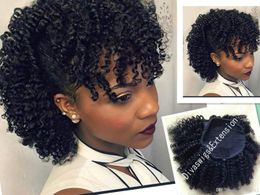 Brazilian hair afro puff curly hair drawstring ponytail with fringe ponytail with bang afro bun hairpieceafro puff kinki black hair 120g