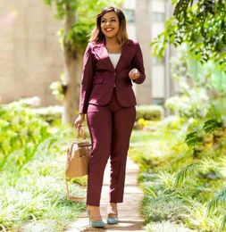 Burgundy Women's Pant Suits 2 Pieces Slim Fit Two Button Ladies Office Evening Work Wear Tuxedos (Jacket+Pants)