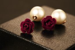 Wholesale-new hot ins fashion style luxury designer double sided camellia flower pearl elegant stud earrings for woman red purple blue