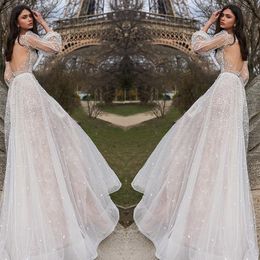 princess shiny a line wedding dresses backless jewel neck sheer long sleeves bridal gowns tulle tiered summer bohemian wedding dress