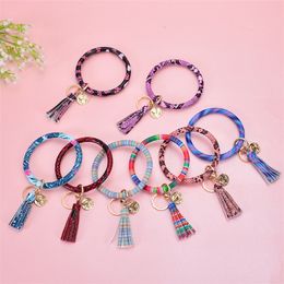 17 color PU Leather Key buckle Bracelet tassel pendant PU Leather Key-Ring hand ring printed Wristlet key chain T9I00416