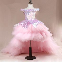 Pink Sequin High Low Girls Pageant Dresses Off The Shoulder Tulle Ball Gown Tiered Lace-up Back Ruffle Skirt Puffy Flower Girl Dre259n