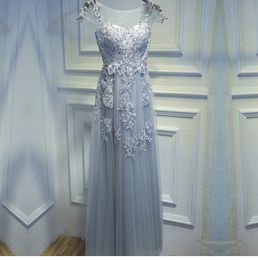 Gorgeous Silver Gray/Dark Navy Evening Dress Long Prom Dresses Sheer Neckline Soft tulle with Applique Crystal Lace-up Back