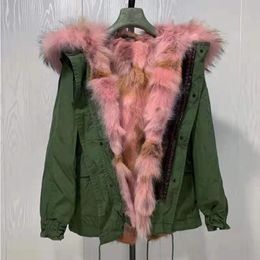 Pink raccoon fur trim Mukla fur brand women snow coats pink brown coyote fur Lining army green canvas mini parka
