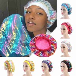 New Laser High Elasticity Wide-brimmed Nightcap Perm Cap Chemotherapy Hat Shower Cap Silky Bonnet For Women Headwear Solid Colour