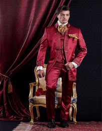 Embroidery Groomsmen Mandarin Lapel Groom Tuxedos Burgundy Men Suits Wedding/Prom/Dinner Best Man Blazer ( Jacket+Pants+Tie+Vest ) K209