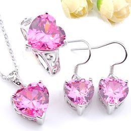 LuckyShine Bridal Set Fashion Pink Heart-shaped Pendants Earrings Rings 925 Silve Women Zircon Jewellery Sets
