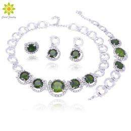 Green Cubic Zirconia Wedding Jewelry Sets Silver Color Necklace Earrings Ring Bracelet Set With Birthday Gift