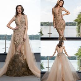 Champagne Mermaid Prom Dresses 2019 Lace Beads Appliqued Fur Sexy V Neck Evening Gowns Custom Made Formal Party Dress Girls Pageant Gown