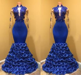 Blue Hand Made Flowers Evening Gowns With Illusion Long Sleeve Mermaid Style Applique Beaded Sequins High Neck Prom Dress Formal Dresses