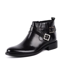 New Pointed Toe Buckle Strap Ankle Boots Men Hombre Genuine Leather Men Motorcycle Boots For Men Work High Top Shoes