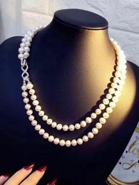 Hand knotted 2strands 7-8mm white freshwater pearl necklace sweater chain long 43-48cm