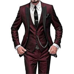 New Popular One Button Burgundy Groom Tuxedos Peak Lapel Men Wedding Party Groomsmen 3 pieces Suits (Jacket+Pants+Vest+Tie) K80