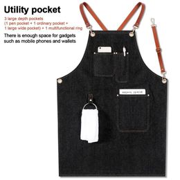 Denim Work Apron Durable Lightweight Jean Apron With Pockets Cross-Back Strap For Restaurant Server Hairdresser Gardening