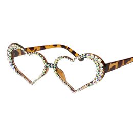 UV400 Sunglass rhinestone heart Leopard print Sunglasses for Women Brand Designer Shades Sun Glasses Men Vintage Metal Clear Eyewear