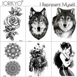 Iorikyo Hommes Mode Noir Tatouage Autocollants étanche Wolf Husky Femmes Fleur De Tatouage Temporaire Croquis Astronaute Bras Cheville Tatouages