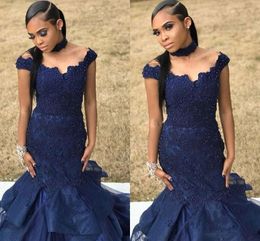 Navy Blue Off Shoulder Mermaid Prom Dresses African Beaded Lace Ruffles Evening Dresses Custom Made Floor Length Formal Party Gowns