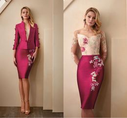 Valerioluna Sheath Mother of The Bride Dresses With Jacket V Neck 3/4 Long Sleeve Wedding Guest Dress Lace Knee Length Evening Gown