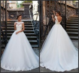 2020 New Elegant Open Back Wedding Dresses Cheap Sheer Neck Short Sleeves Lace Appliques Vestios De Novia Bridal Gowns with Pearls Sash