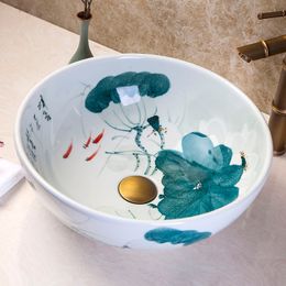 China Painting lotus Ceramic Painting Art Ceramic wash basin Bathroom Sink counter top Colour ceramic art basin