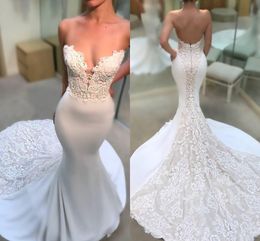 2024 Sexy Simple Mermaid Wedding Dresses Sweetheart Illusion Lace Appliques Sleeveless Court Train Open Back Fishtail Bridal Gowns Vestidos 403