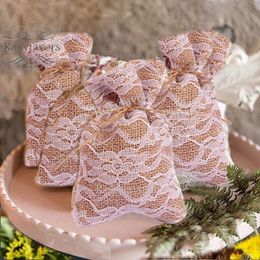 12pcs 10cmx14cm Burlap and Lace Candy Bag Jute Pouch Drawstring Favour Bags Wrap Fabric Rustic Styles Package Bag Candy Holder Party Ideas