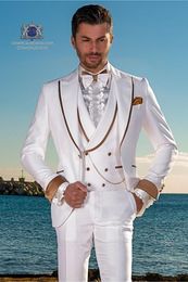 New Design One Button Ivory Wedding Men Suits Peak Lapel New Three Pieces Business Groom Tuxedos (Jacket+Pants+Vest+Tie) W961