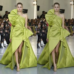 2020 Green Evening Dresses One-shoulder High-split Satin Hot Sell Prom Dress Cheap Sash Ruched Sweep Train Custom Made Party Gown