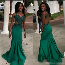 Dark Green African Black Girls Mermaid Prom Dresses Long Lace Appliques Backless Formal Party Wear Evening Gowns Vestido Robe de soiree