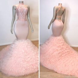 Stylish Pink Mermaid Backless Prom Dresses Sequined Halter Neck Appliqued Formal Dress Sweep Train Ruffled Tulle Evening Gowns