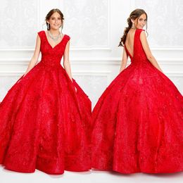 Luxury Red Quinceanera Dresses V Neck Appliqued Lace Girl Pageant Party Gowns Custom Made Ball Gown Formal Sweet 16 Prom Dress