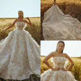 Luxury Wedding Dresses Feather Appliqued Lace Beaded Bridal Gown Sexy Strapless Sleeveless Backless Court Train Robes De Mariée