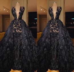 A Modest Line Black Evening Prom V Neck Sleeveless Tulle Lace Applique Feather Crystal Party Dress Floor Length Detachable Tail Robes pplique