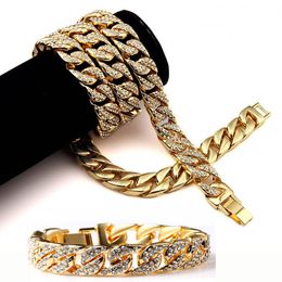 Mens Hip Hop Jewellery Sets Cuban Link Chain Necklace Bling Bling Iced Out Full Diamond Necklace & Bracelet 15mm 75cm 21.5cm