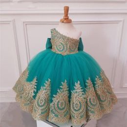 Hot Lovely Flower One Shoulder Tulle Lace Appliques Puffy African Birthday Dresses First Communion Girls Pageant Gowns