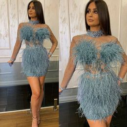 sexy mini prom dresses high collar sheer long sleeve fur evening dress backless short red carpet fashions gowns