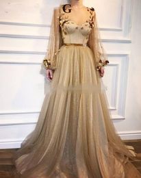 Fashion Gold Long Vintage Juliet Sleeves Prom Dresses Organza Sheer Neck 3D Floral Appliqued Formal Occasion Wear 2019 Evening Party Gown