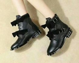 New Arrival Womens Rivet Motorcycle Ankle Knight Martin Autumn Winter Boots Cow Leather Bowknot Shoes Size 35-41