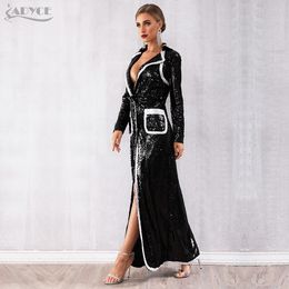 Wholesale-Adyce 2019 New Spring Women Evening Party Coats Black Sequined Long Sleeve Double Breasted Deep V Club Coat Luxury Trench Coats