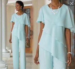 2019 New Mint Mother of the Bride Dresses Wedding Guest Dress Silk Chiffon Short Sleeve Tiered Mother of Bride Pant Suits Custom Made