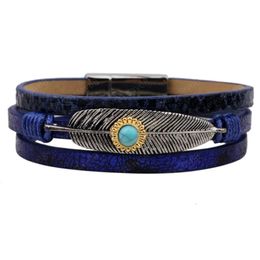 Wholesale Gold Plated Feather with Green Turquoise Stone Bead Leather Bracelet Ethnic Style Jewelry