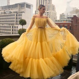 Yellow Beaded Long Sleeves Prom Dresses Off The Shoulder A Line Pleated Evening Gowns Plus Size Sweep Train Tulle Formal Dress 415