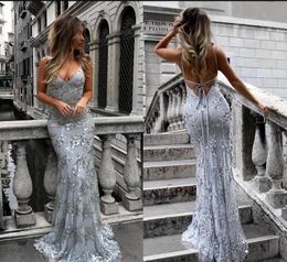 2019 New Spaghetti Straps Sequined Lace Mermaid Cheap Prom Dresses Long Backless Criss Cross Floor Length Formal Party Evening Gowns