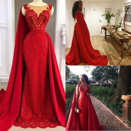 2020 New Red Evening Dresses With Cape Train Lace Sequins Jewel Neck Mermaid Prom Dress African Black Girls Formal Occasion Gowns