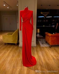 Cheap Sexy Arabic 3 Style Red Mermaid Prom Dresses High Neck Long Sleeves Evening Gown High Side Split Formal Dress Party Dress185w