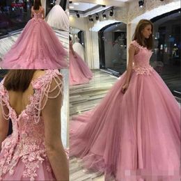 Pembe quinceanera tozlu elbiseler boncuk dantel aplike süpürme treni tül v boyun kayışları özel yapım tatlı prenses balo balo elbisesi