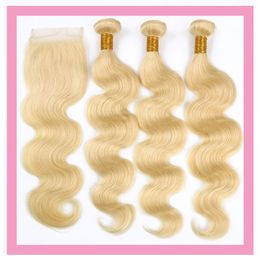 Peruvian Human Hair 3 Bundles With 4*4 Lace Closure Middle Three Free Part Body Wave 613# Blonde Hair Wefts With Closure